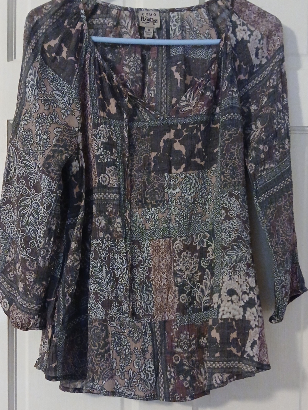 Como Vintage Floral Patchwork Peasant Top - Brown Mauve